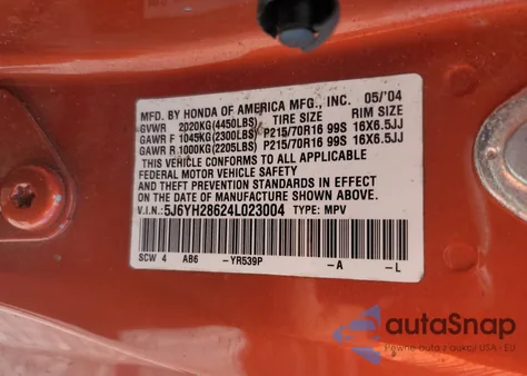 2004 Honda Element Ex from USA, damaged, VIN 5J6YH28624L023004